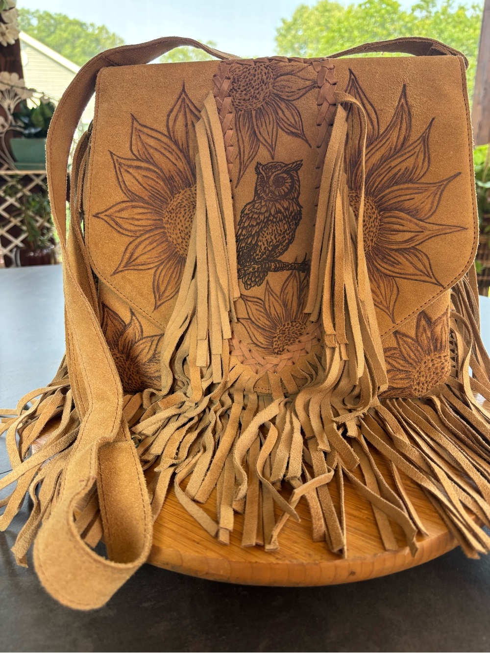 Tan Suede Fringe Crossbody with Owl & Sunflower Etching